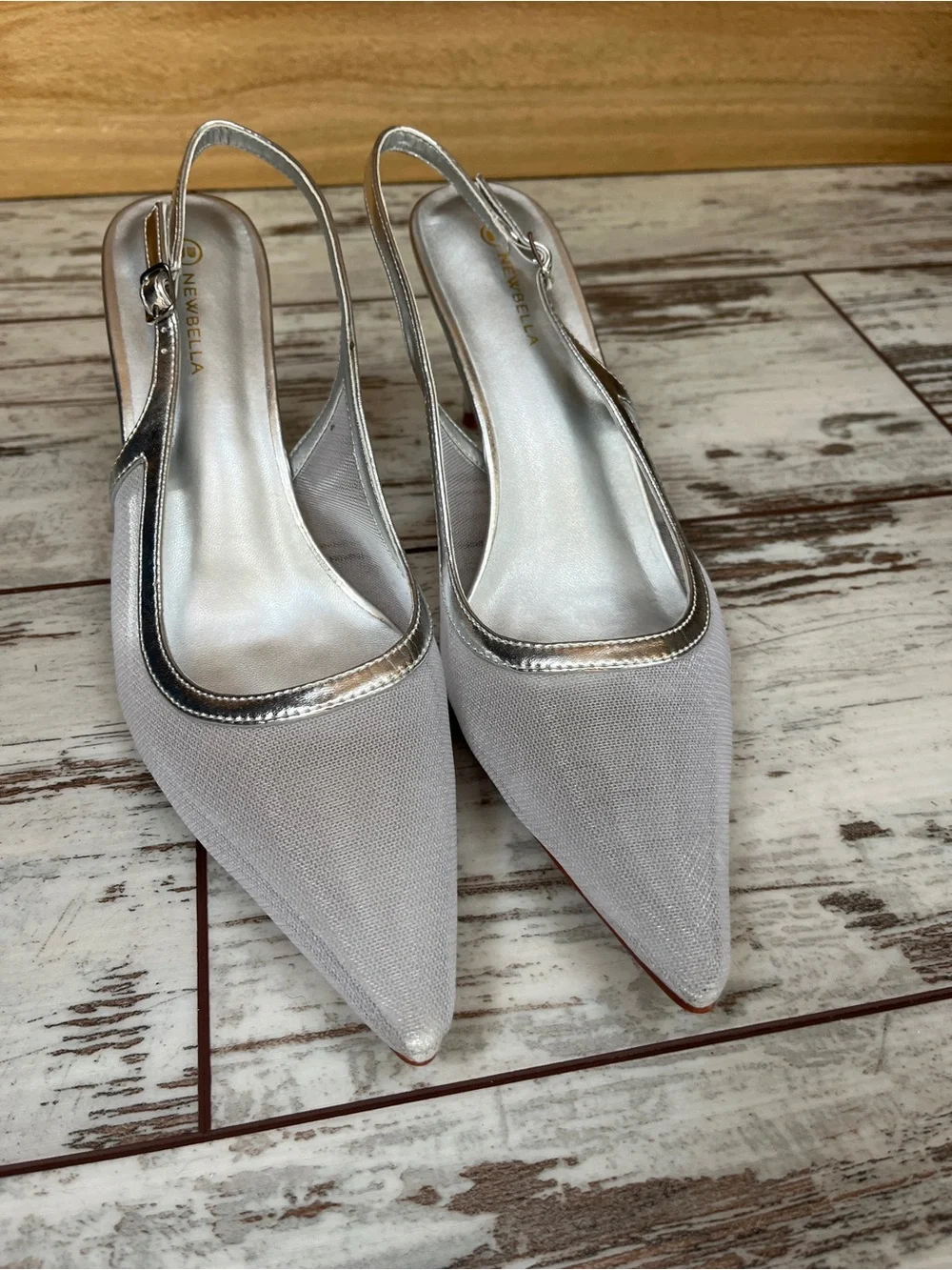 Newbella Womens 10 Silver Mesh Pointed Toe Slingback Heels 3
